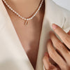 Elegant Letter Pearl Titanium Steel Plating Zircon Necklace