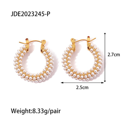 Fashion U Shape Stainless Steel Inlay Pearl Hoop Earrings 1 Pair