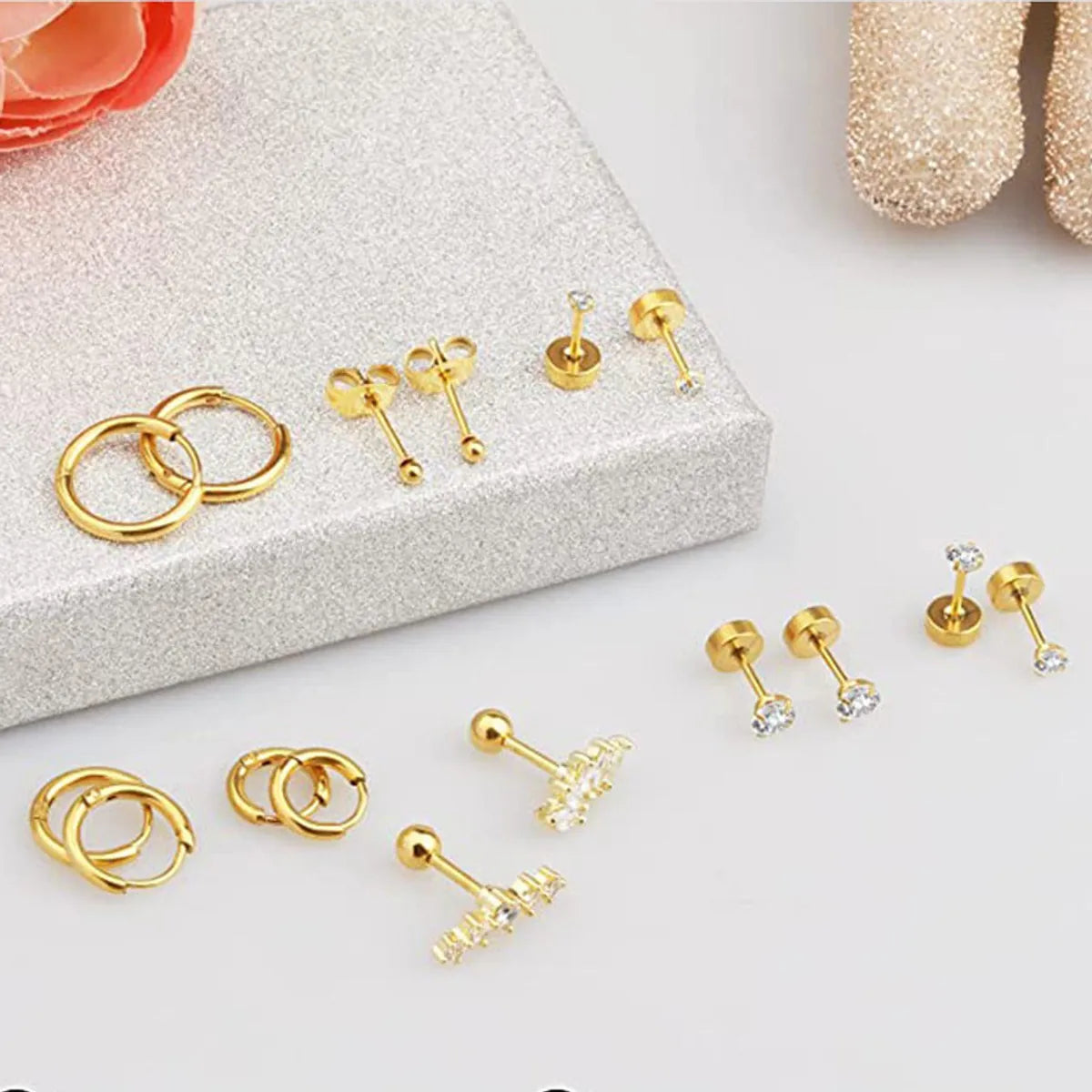 16 Pieces Simple Style Geometric Inlay Stainless Steel Copper Zircon 14K Gold Plated Ear Studs