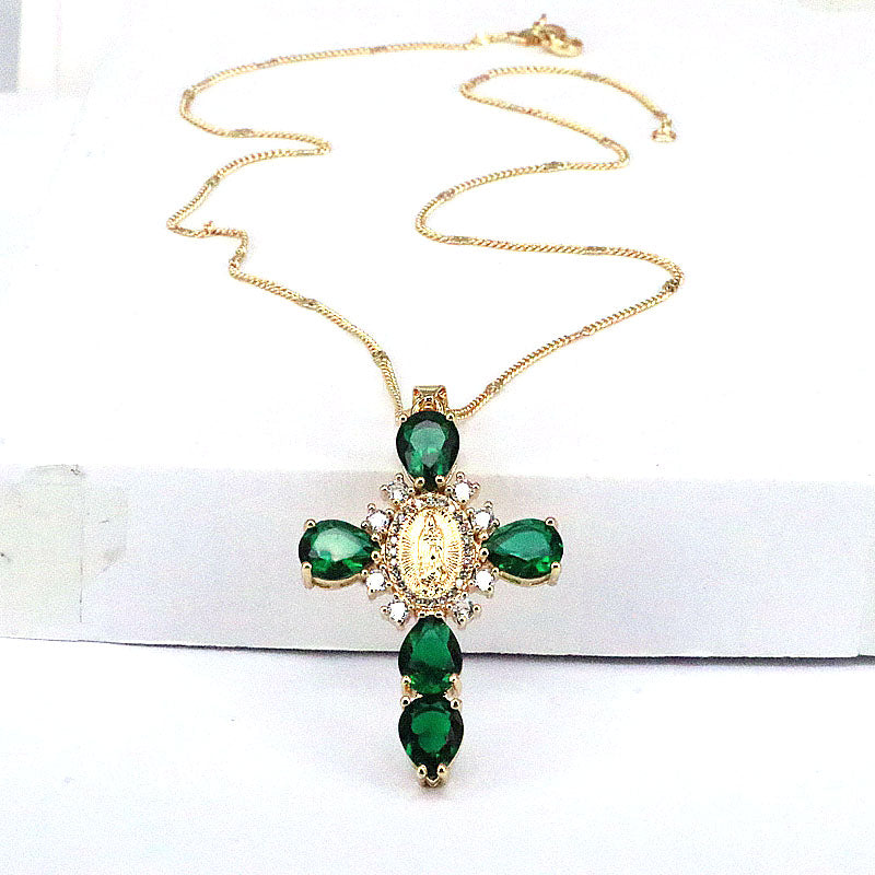 Ethnic Style Cross Copper Gold Plated Inlay Zircon Pendant Necklace 1 Piece