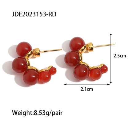 Fashion Round Stainless Steel Titanium Steel Gold Plated Inlay Artificial Gemstones Ear Studs 1 Pair