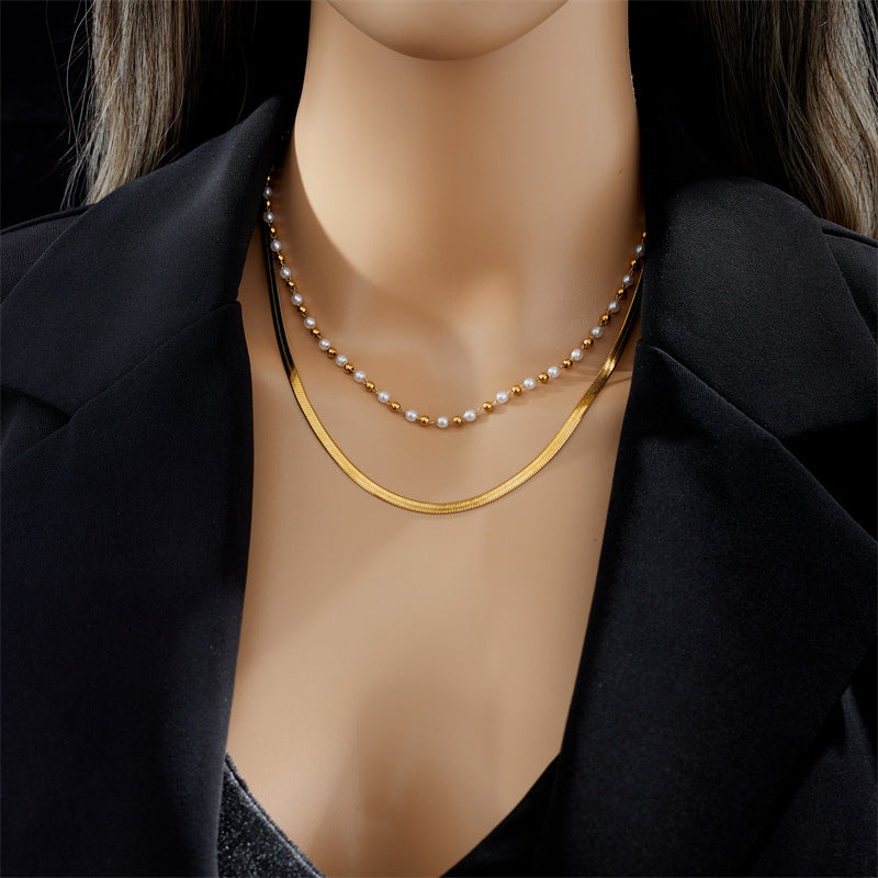 Casual Simple Style Solid Color Titanium Steel Beaded Pearl Plating 18k Gold Plated Layered Necklaces