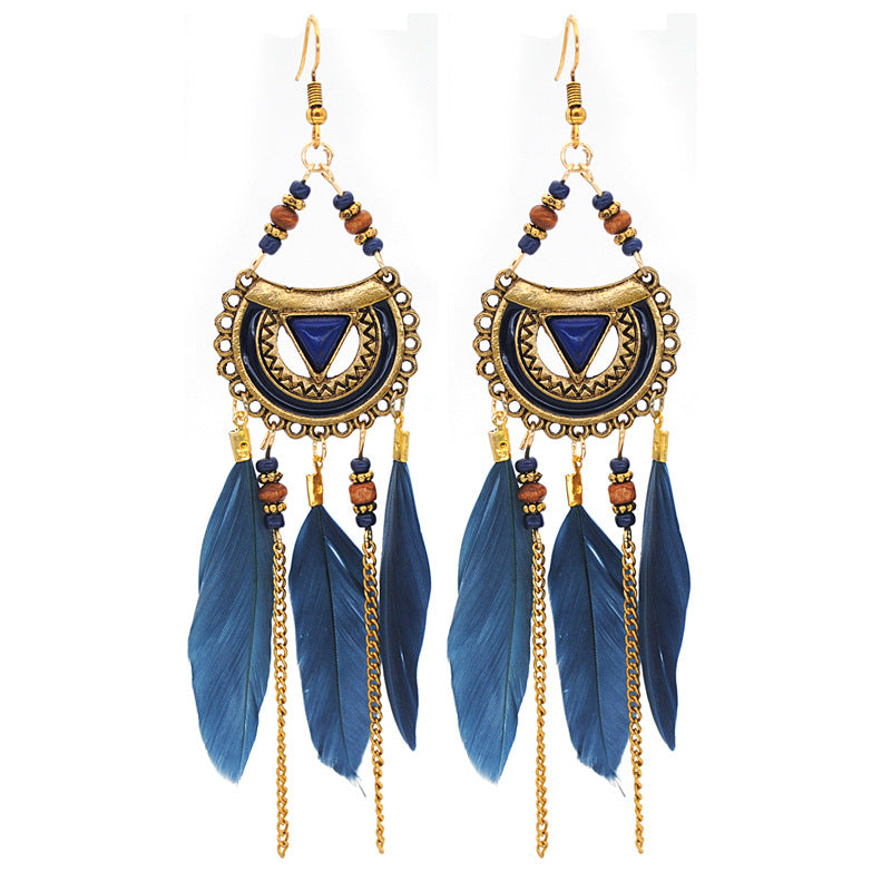 1 Pair Retro Feather Alloy Beaded Tassel Plating Artificial Gemstones Women's Drop Earrings