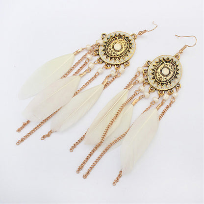 1 Pair Retro Feather Alloy Beaded Tassel Plating Artificial Gemstones Women's Drop Earrings