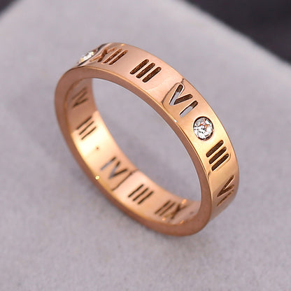 Simple Style Roman Numeral Titanium Steel Plating Hollow Out Inlay Zircon Gold Plated Rings