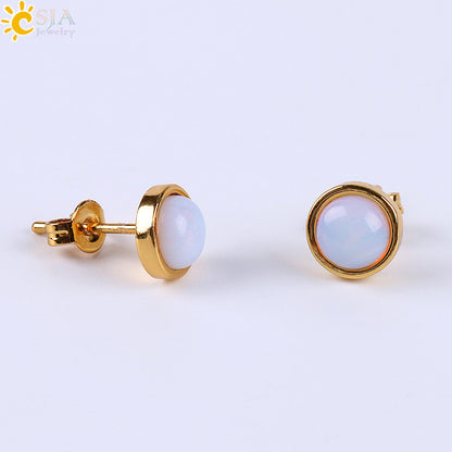 Fashion Round Natural Stone Rhinestones Ear Studs 1 Pair