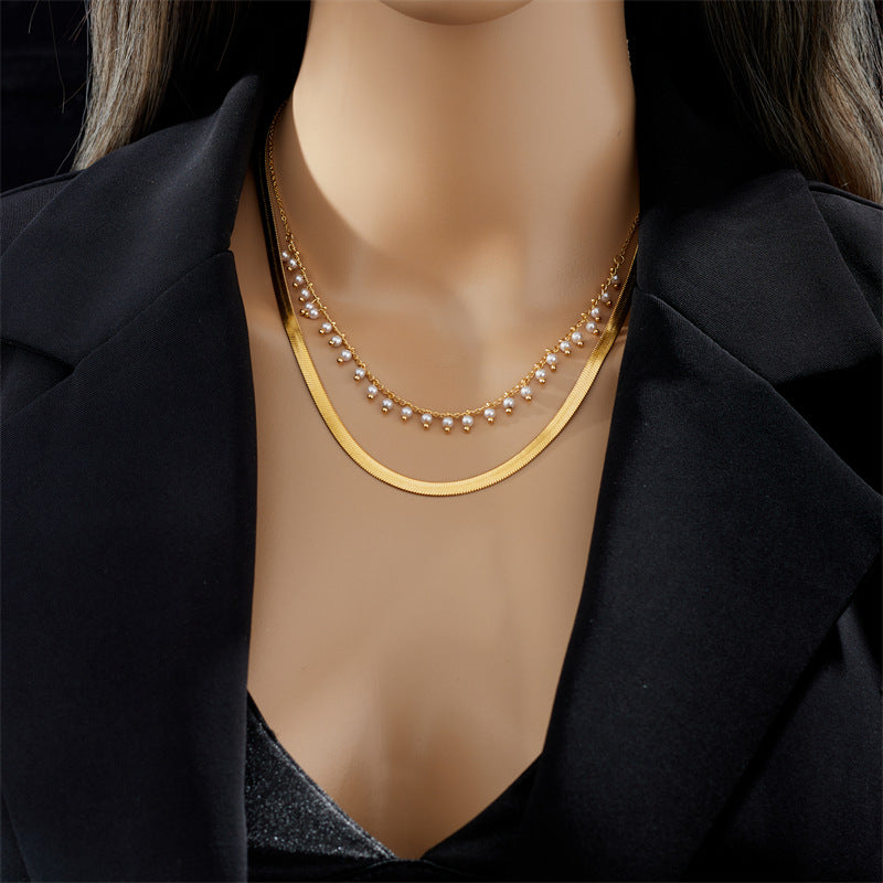 Elegant Geometric Titanium Steel Inlay Artificial Pearls 18k Gold Plated Layered Necklaces