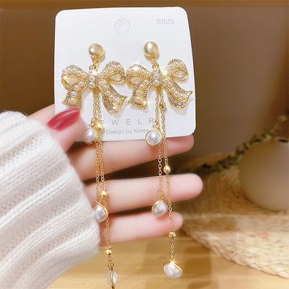 Fashion Flower Bow Knot Copper Inlay Artificial Pearls Zircon Drop Earrings 1 Pair