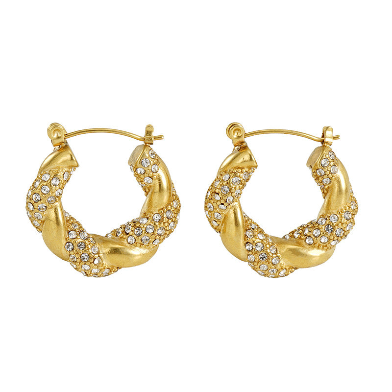 1 Pair Lady Round Gold Plated Stainless Steel Rhinestones Gold Plated Earrings