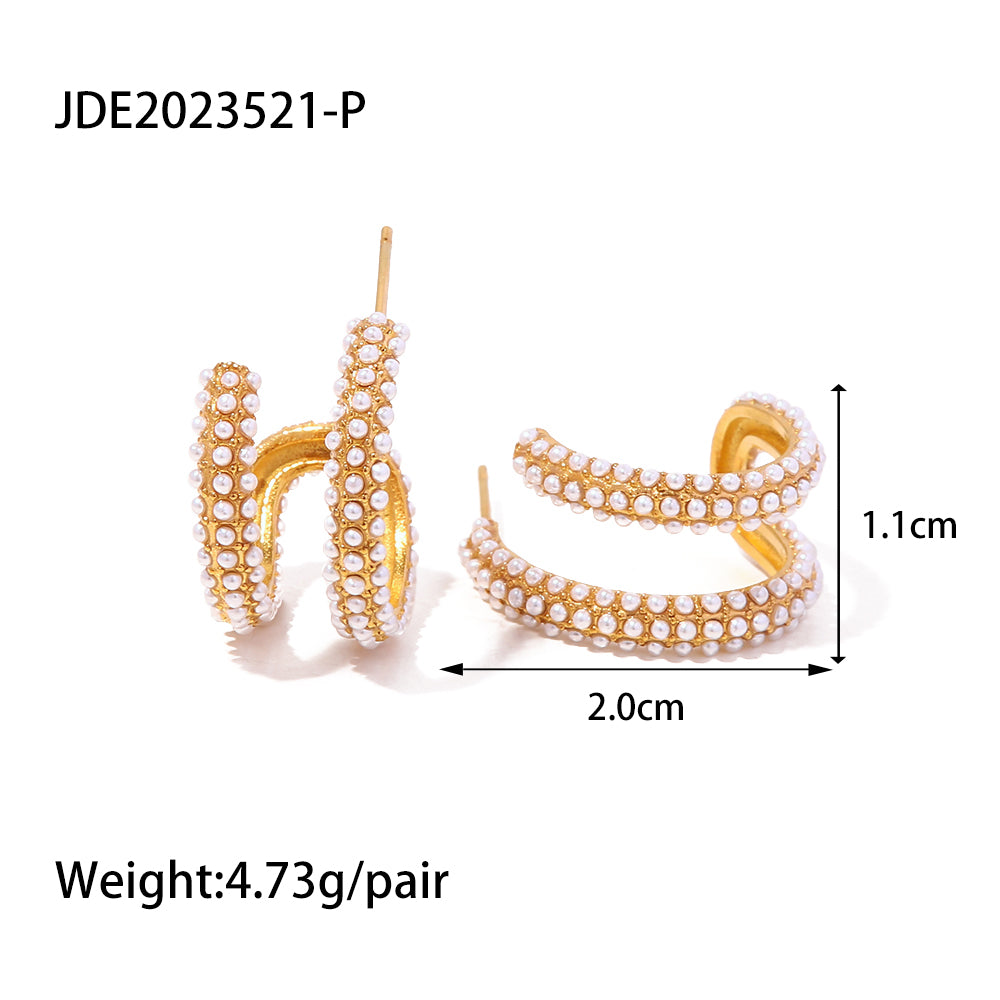 1 Pair Simple Style C Shape Layered Inlay Stainless Steel Pearl Zircon Gold Plated Ear Studs