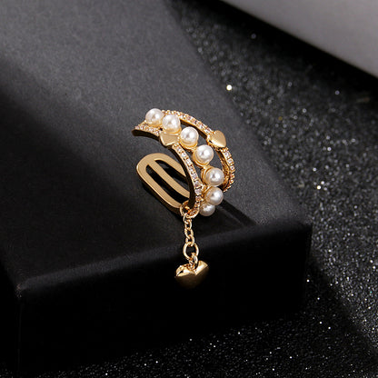 Sweet Heart Shape Copper Plating Artificial Pearls Zircon Ear Clips 1 Piece