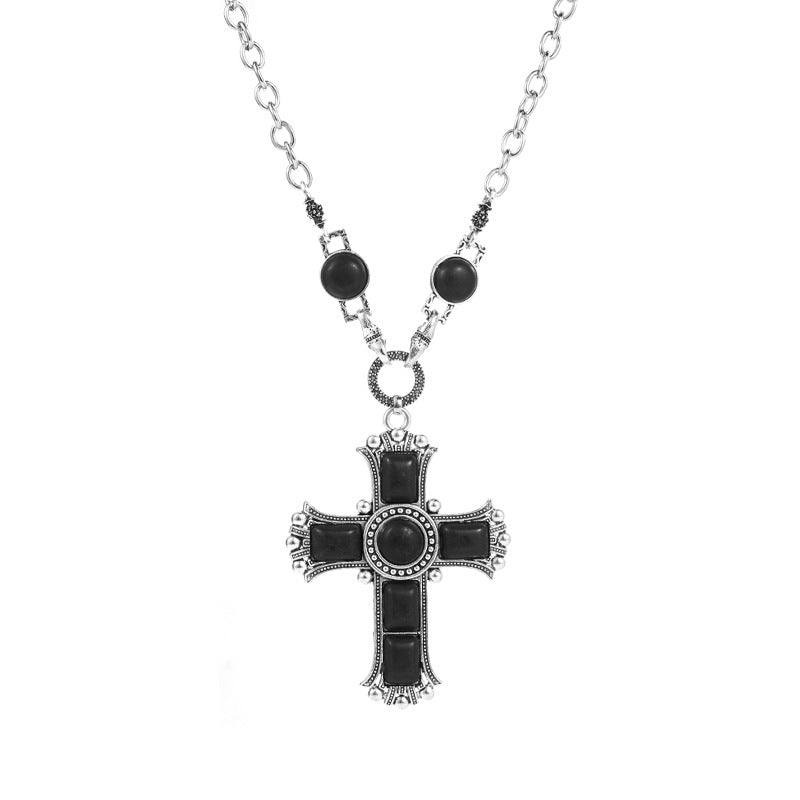 Retro Exaggerated Cross Shape Multi-layer Alloy Inlaid Turquoise Necklace