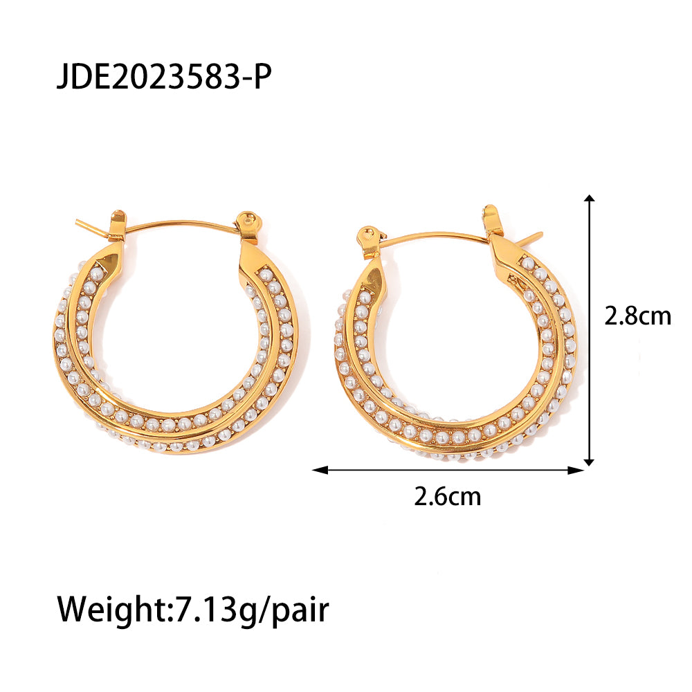 Fashion Circle Stainless Steel Inlay Artificial Pearls Zircon Earrings 1 Pair