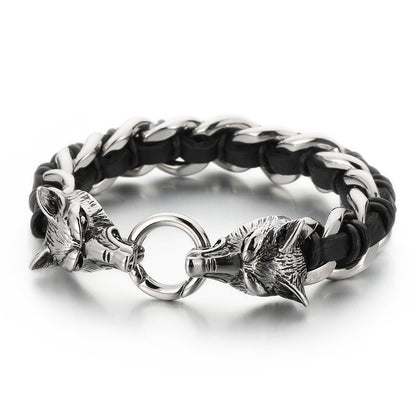 Fashion Animal Wolf Stainless Steel Leather Braid Bangle