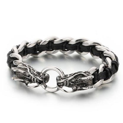 Fashion Animal Wolf Stainless Steel Leather Braid Bangle