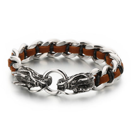 Fashion Animal Wolf Stainless Steel Leather Braid Bangle