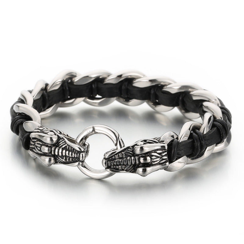 Fashion Animal Wolf Stainless Steel Leather Braid Bangle