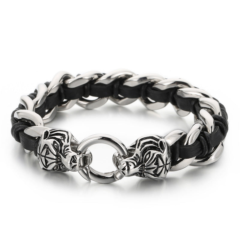 Fashion Animal Wolf Stainless Steel Leather Braid Bangle