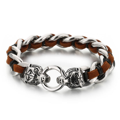 Fashion Animal Wolf Stainless Steel Leather Braid Bangle