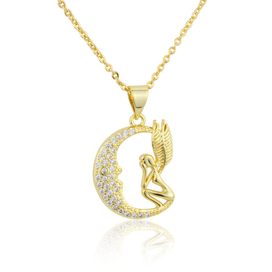 Elegant Angel Moon Copper Plating Zircon Pendant Necklace