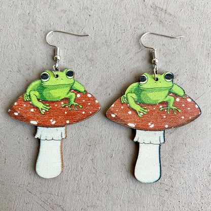 1 Pair Fashion Mushroom Frog Wood Patchwork Women's Drop Earrings