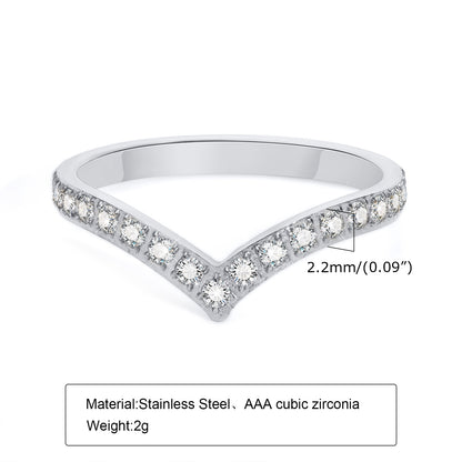 Fashion V Shape Stainless Steel Inlay Zircon Rings