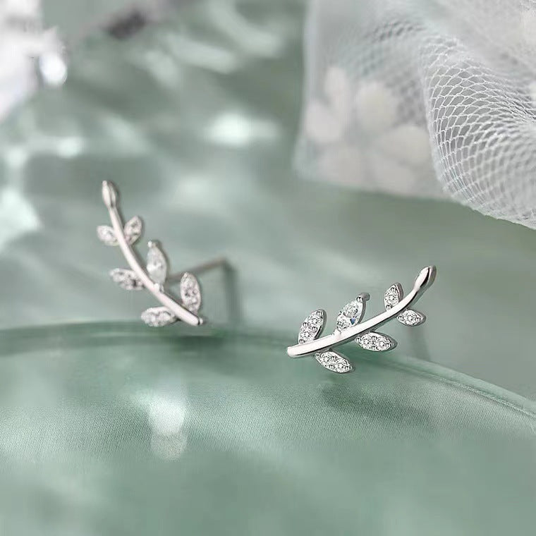 Simple Style Leaf Sterling Silver Plating Rhinestones Ear Studs 1 Pair