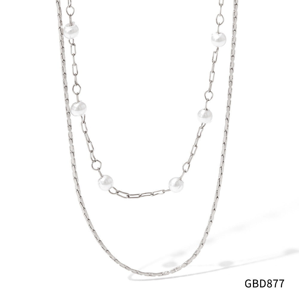 Elegant Geometric Stainless Steel Plating Artificial Pearls Layered Necklaces