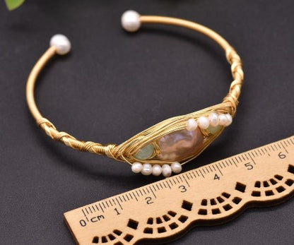 Retro Geometric Pearl Inlay Turquoise Crystal 18k Gold Plated Bangle