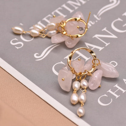 Retro Rhombus Natural Stone Pearl Copper Plating Drop Earrings 1 Pair