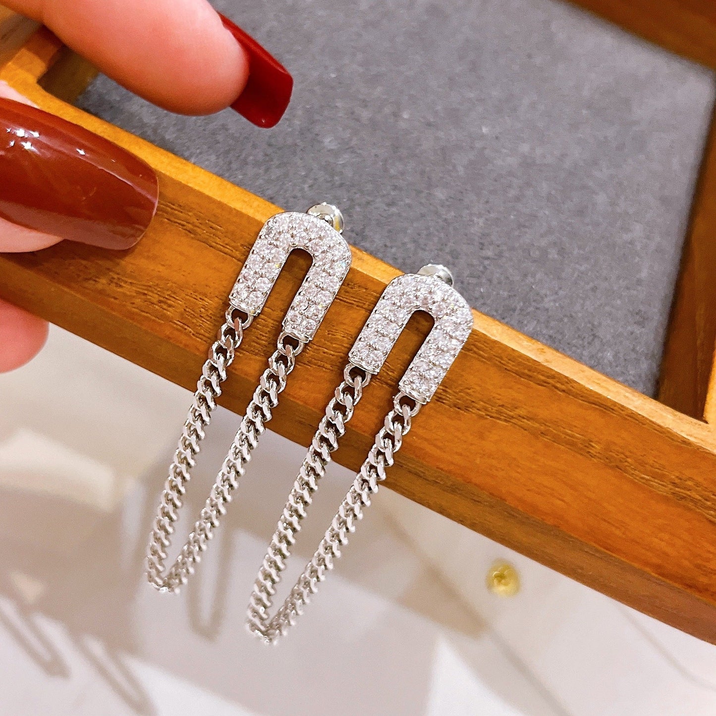 Sweet Geometric Copper Tassel Plating Zircon Drop Earrings 1 Pair