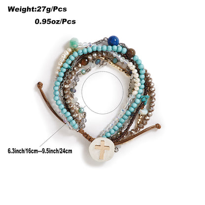 Glam Luxurious Shiny Cross Heart Shape Alloy Natural Stone Crystal Beaded Handmade Drawstring Turquoise Crystal Glass Stone Bracelets Bangle 1 Set