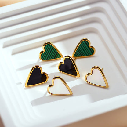 1 Pair Elegant Stripe Heart Shape Stainless Steel Plating Inlay Malachite Shell Gold Plated Ear Studs