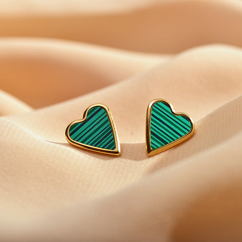 1 Pair Elegant Stripe Heart Shape Stainless Steel Plating Inlay Malachite Shell Gold Plated Ear Studs