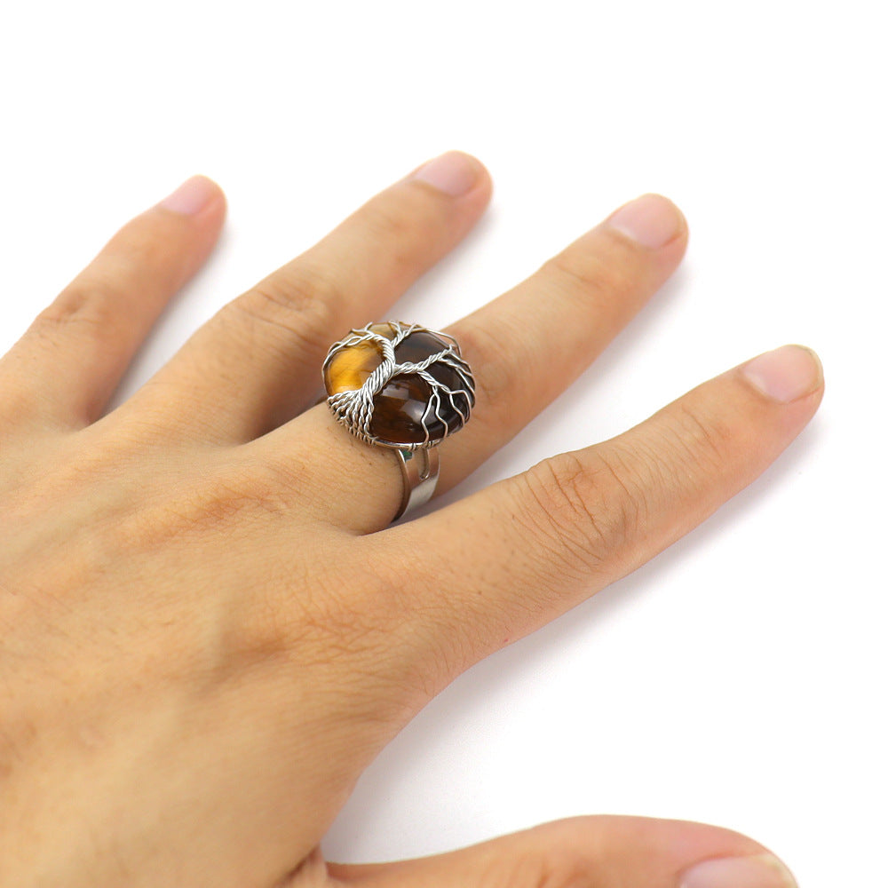 Ethnic Style Tree Oval Agate Open Ring 1 Piece