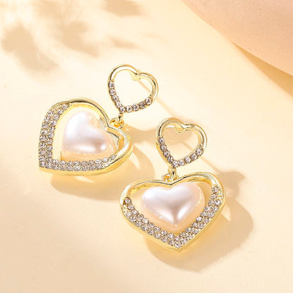 1 Pair Fashion Heart Shape Alloy Inlay Zircon Women's Drop Earrings