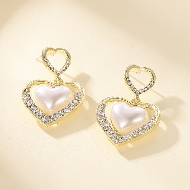 1 Pair Fashion Heart Shape Alloy Inlay Zircon Women's Drop Earrings