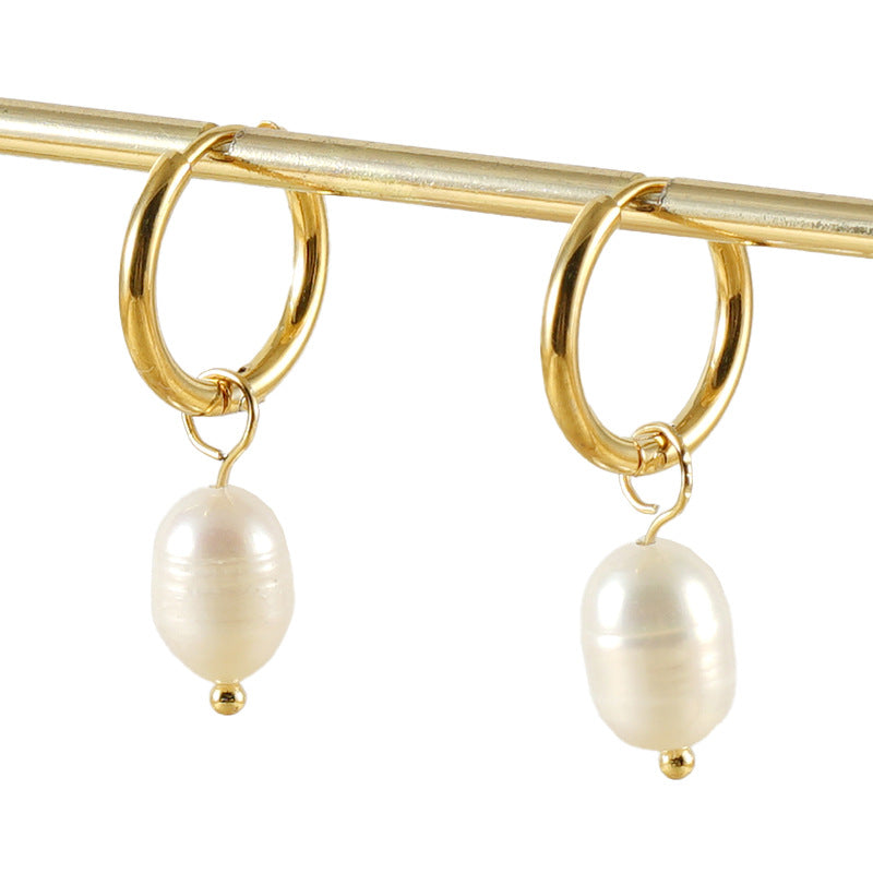 Retro Geometric Stainless Steel Pearl Earrings 1 Pair