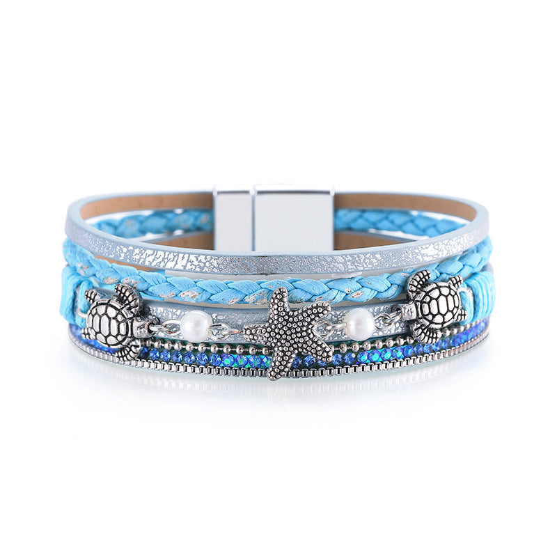 Vacation Tortoise Starfish Pu Leather Plating Artificial Pearls Rhinestones Unisex Bracelets