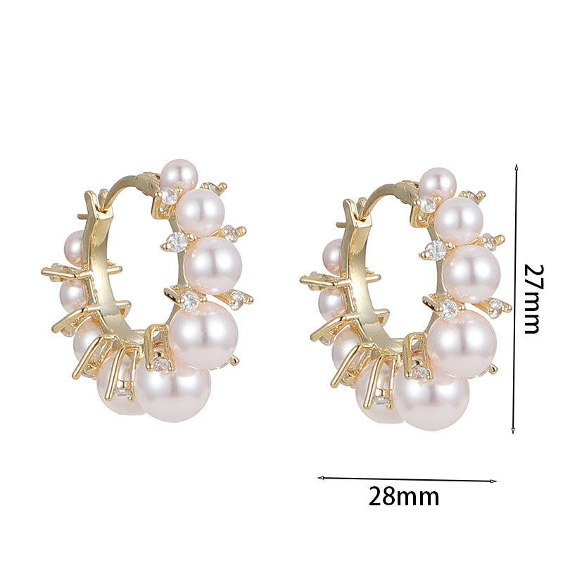 Fashion Round Copper Inlay Artificial Diamond Pearl Hoop Earrings 1 Pair