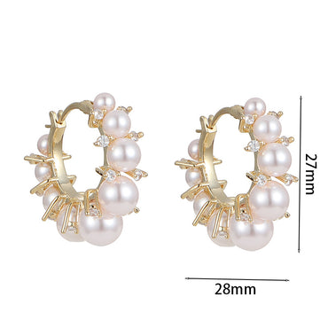 Fashion Round Copper Inlay Artificial Diamond Pearl Hoop Earrings 1 Pair