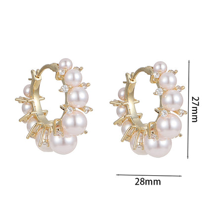 Fashion Round Copper Inlay Artificial Diamond Pearl Hoop Earrings 1 Pair