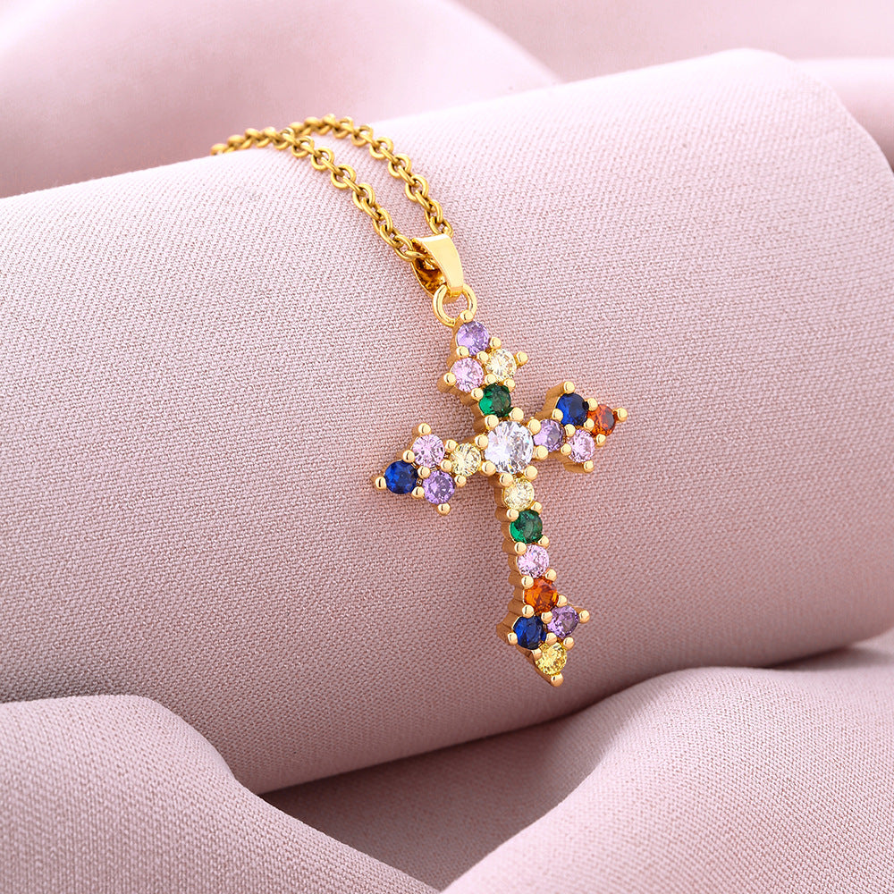 Fashion Cross Stainless Steel Copper Plating Inlay Zircon Pendant Necklace 1 Piece