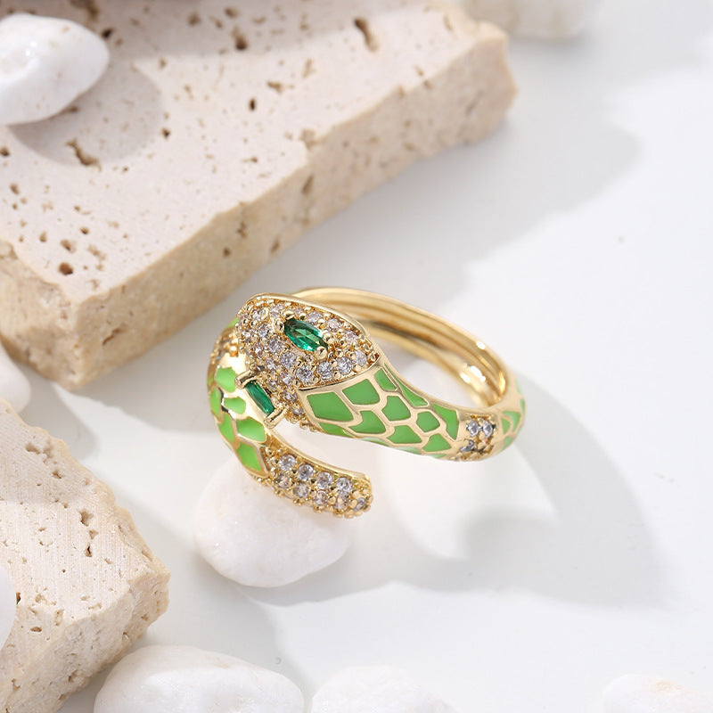 Retro Snake Copper Enamel Zircon Rings 1 Piece