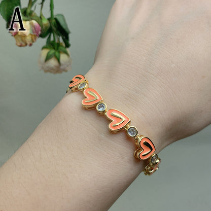 Ethnic Style Heart Shape Copper Enamel Plating Inlay Zircon Bracelets 1 Piece