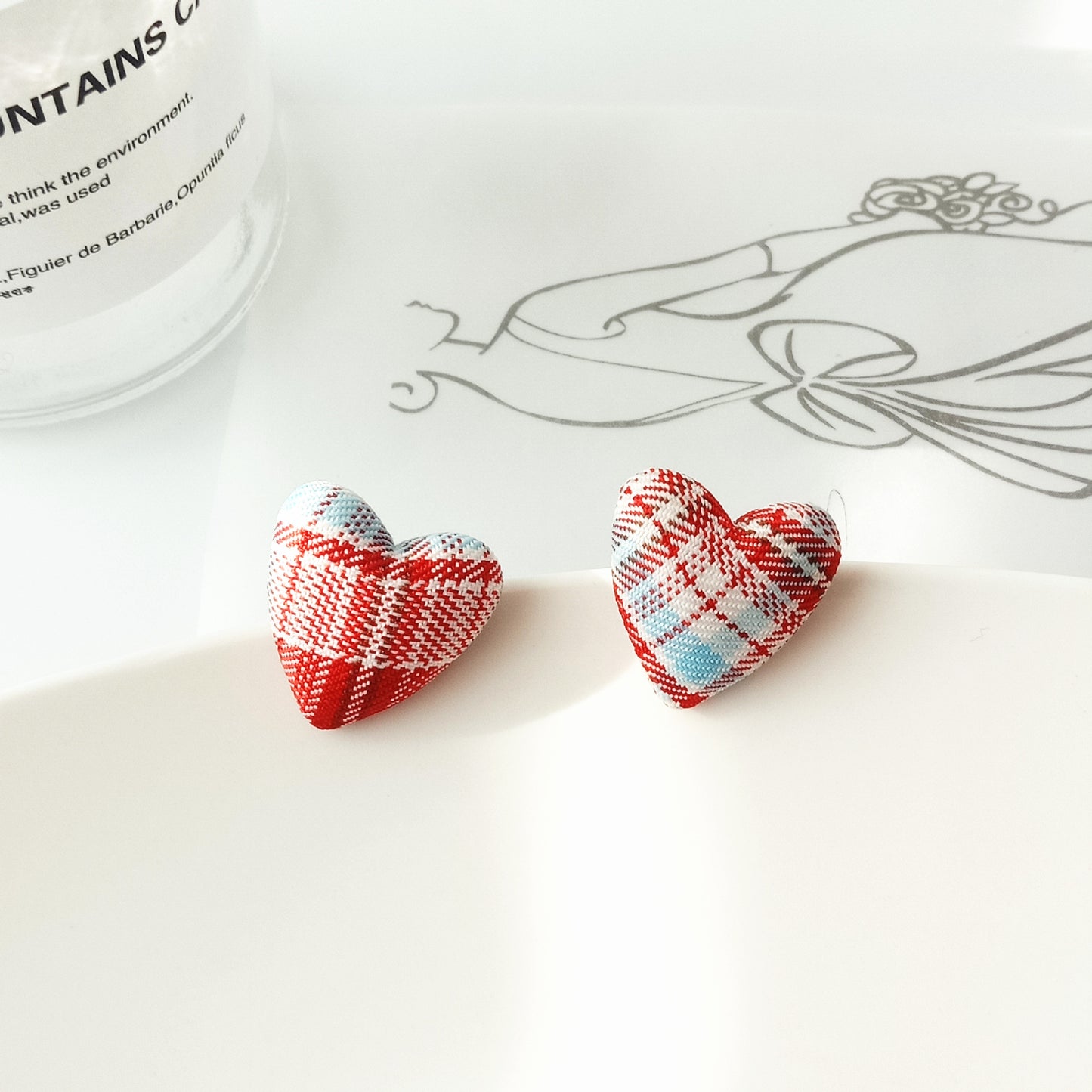 1 Pair Sweet Plaid Polka Dots Heart Shape Cloth Resin Ear Studs