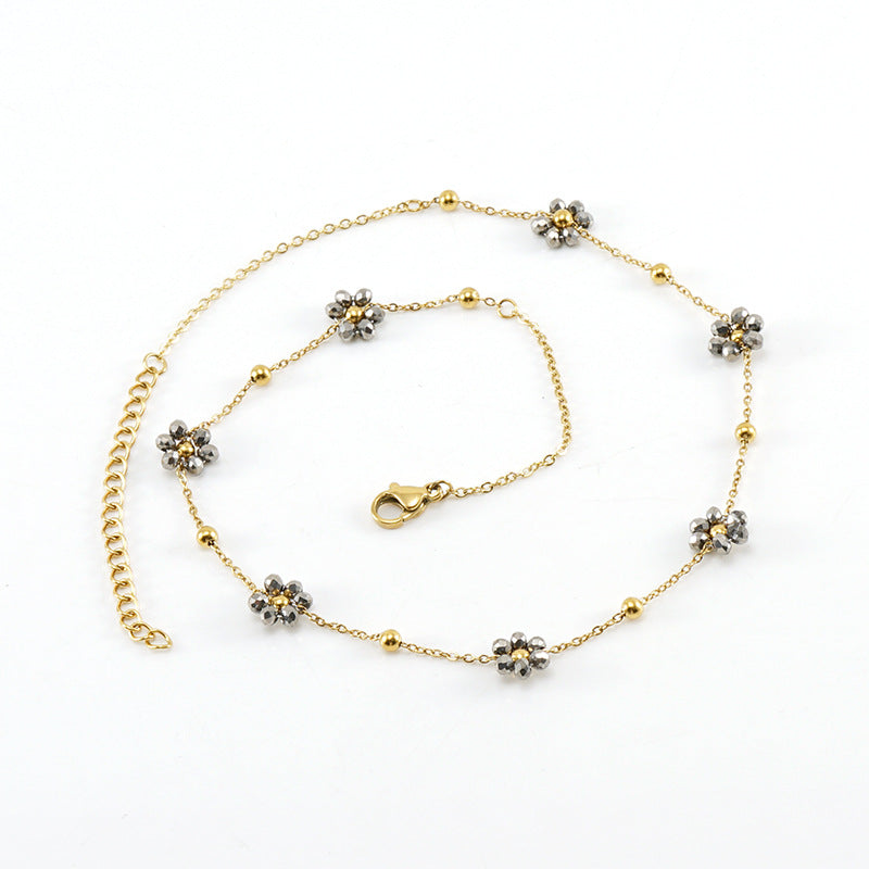 Wholesale Fashion Flower Artificial Crystal Titanium Steel Beaded Plating 18k Gold Plated Bracelets Necklace