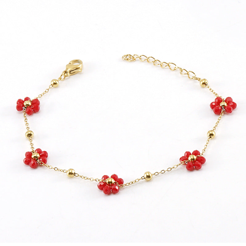 Wholesale Fashion Flower Artificial Crystal Titanium Steel Beaded Plating 18k Gold Plated Bracelets Necklace