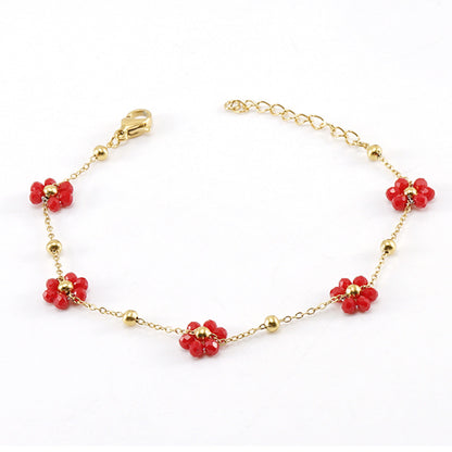 Wholesale Fashion Flower Artificial Crystal Titanium Steel Beaded Plating 18k Gold Plated Bracelets Necklace