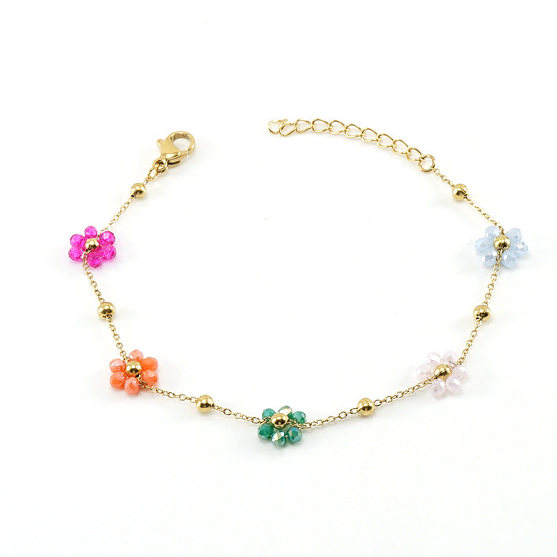 Wholesale Fashion Flower Artificial Crystal Titanium Steel Beaded Plating 18k Gold Plated Bracelets Necklace